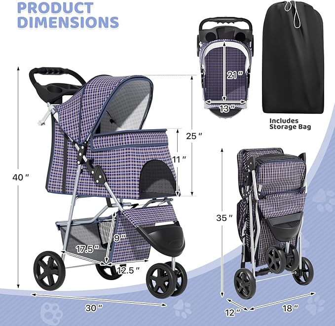 Magshion 3-Wheel Pet Stroller, Foldable Travel Jogger for Small & Medium Dogs & Cats (Up to 33lbs), Lightweight Carrier with Breathable Mesh Cover, Cup Holder & Storage Basket, Plaid