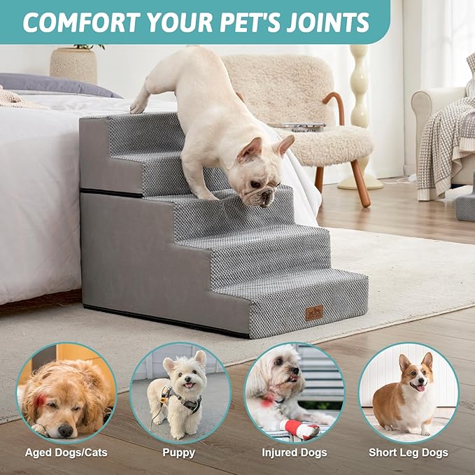 CCOZY KISS Dog Stairs for Small Dogs, 5 Tier Removable Wider Pet Stairs for Couch and Bed, 23.6" H Non-Slip Dog Steps for Puppies and Old Cats with Support Board, 19.7x29.5x23.6 inch, Grey