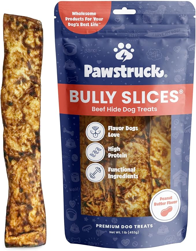 Pawstruck Bully Slices Premium Rawhide Chew Sticks, Peanut Butter Flavor - Low Fat, High Protein, Long-Lasting Treat for Dogs - No Artificial Ingredients - 1 lb Bag - Packaging May Vary