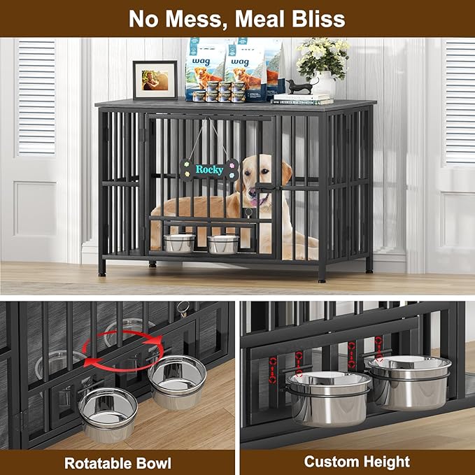 Easycom 41" Dog Crate Furniture Foldable, No Assembly Decorative Dog Kennel Indoor, Dog Crates for Large Dogs(35-60 lb), Wooden Dog Cage with Adjustable Bowls and Name Tag, End Table, Dark Grey