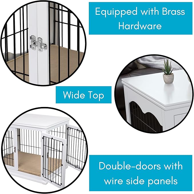BIRDROCK HOME Decorative Dog Kennel with Pet Bed - Small Indoor Pet Crate, Double Door Design, Engineered Wood & Metal Wire, Furniture-Style House for Small Dogs, Side Table or Nightstand, White