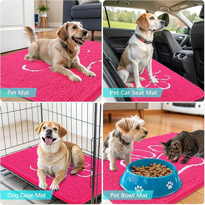 OLANLY Dog Door Mat for Muddy Paws 30x20, Paw Print Design, Absorbs Moisture and Dirt, Absorbent Non-Slip Washable Doormat, Quick Dry Chenille Mud Mat for Dogs, Entry Indoor Entryway Carpet, Hot Pink