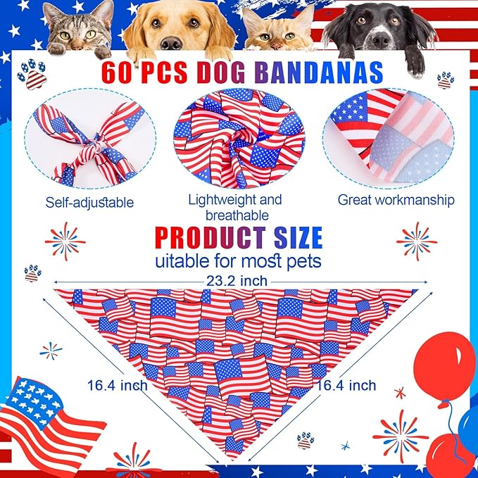 108 Pcs Veterans Patriotic Dog Bandanas Bulks Star Stripe Adjustable Bow Ties for Dogs USA Flag Bowknot Triangle Scarf Kerchief for Pet Cat 4th of July Memorial Grooming Outfit