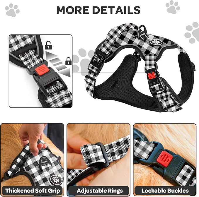 FURRYFECTION Plaid Dog Harness for Small Dogs | No Pull Reflective Pet Harness | No Choke Adjustable Dog Vest Harnesses | with Leash | Easy Control Handle | Front Lead | Seat Belt | Black&White | S