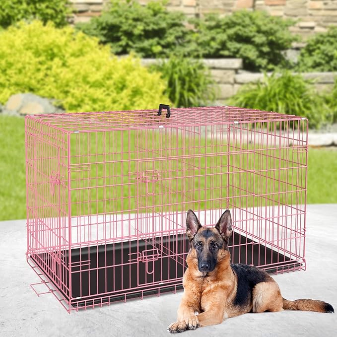 BestPet | Dog Crate | 42" | Pink | Foldable Metal Kennel with Double Doors, Secure Slide-Bolt Latches, Leakproof Tray | Portable Dog Cage for Large Breeds | for Travel, Indoor & Outdoor Use