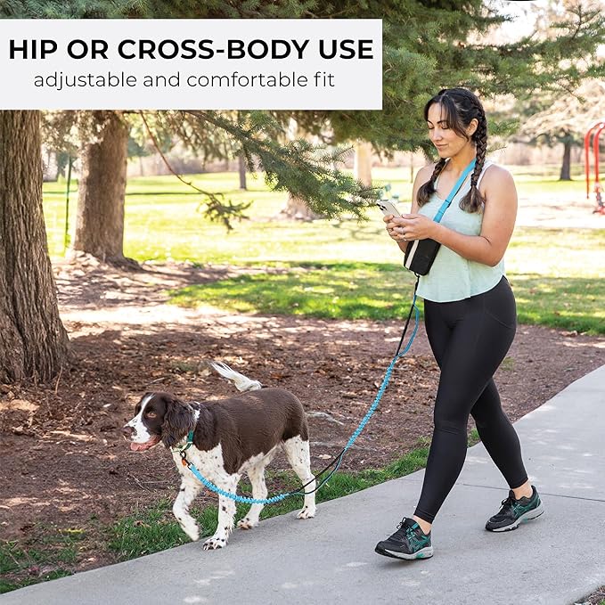 Squirrel Products Hands Free Dog Leash with Hip Belt/Crossbody Strap, Zipper Pouch, and Shock Absorbing Bungee for Walking or Jogging with pet (Blue, Black)