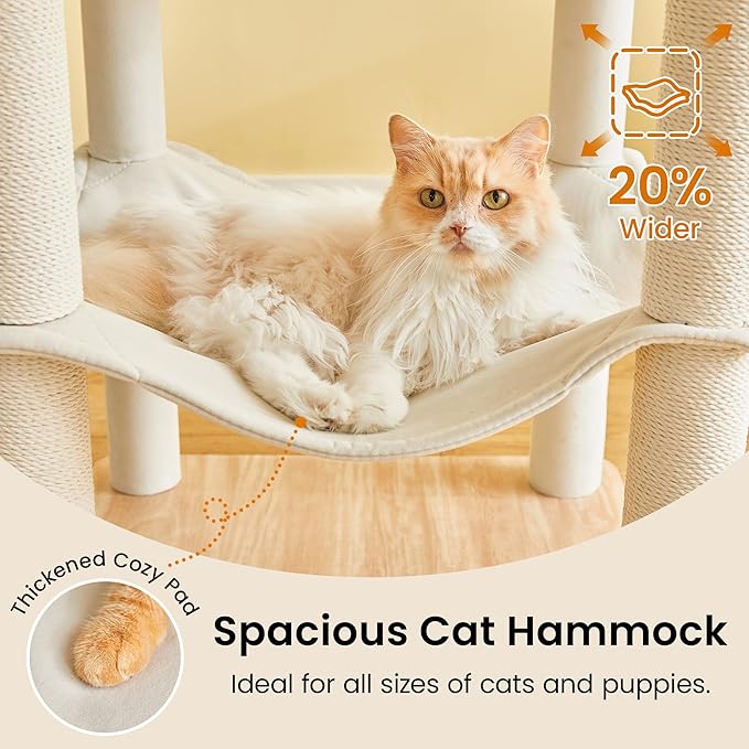 Large Modern Cat Tree - 70 inch Tall Cat Tower for Indoor Cats, Multi-Level Cat Condo with 7 Fully Wrapped Scratching Posts,2 Spacious Perches, Hammock, Cozy Pad & Dangling Balls-Light Brown