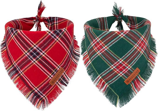 ADOGGYGO Christmas Dog Bandanas with Tassels, Stylish Red Green Plaid Dog Scarf Bib, Multiple Sizes, Pet Christmas Bandanas for Medium Large Dogs (Large)