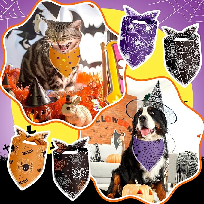 Frienda 30 Pcs Halloween Dog Bandanas Bulk Spider Web Bandanas for Dogs Black Orange Purple Triangle Kerchief Bibs Scarf Set for Pet Halloween Costume Photo Props Accessories Pet Shops, 6 Styles
