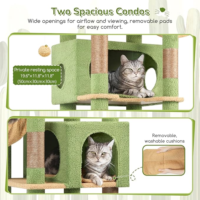 Globlazer Cactus Heavy Duty Cat Tree, 74in Tall Sturdy Cat Tower for Large Cats Adult Big Cat Tree with 7 Scratching Posts, 2 Padded Spacious Condos, 2 Hanging Baskets, Enlarged Top Perch, S74, Green