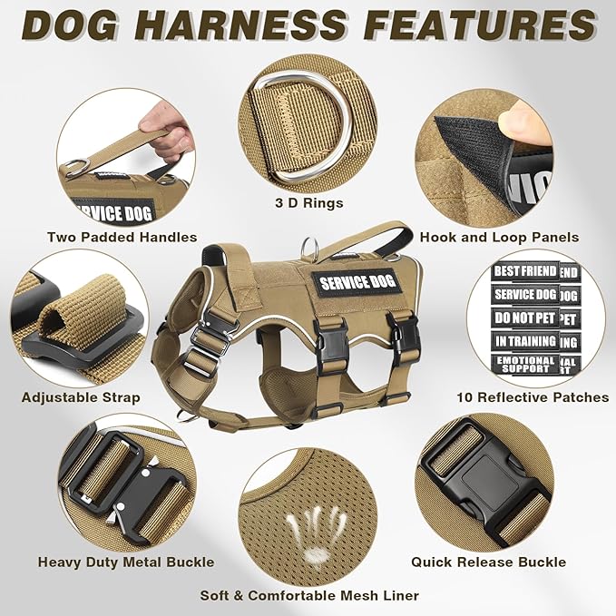 Tactical Service Dog Vest Harness and Leash Set,Heavy Duty Dog Harness with Metal Buckles for Medium Sized Dogs,Adjustable No Pull Pet Vest with Patches for Training Working Hiking,Brown M