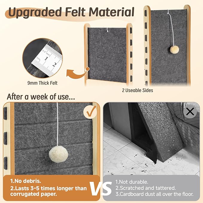 L Shaped Cat Scratcher with Ball Toy Felt Standing Cat Scratching Board for Indoor Cats Adults Vertical Scratch Pad Furniture Protector Kitten Toys 26.8 Inch-Grey