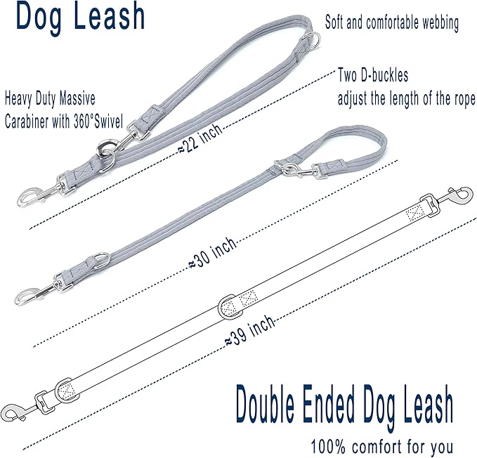 Double Ended Dog Leash,for Obedience Training Easy to Use,Lightweight,Soft for Large and Medium Dogs (Grey, 1M*2.5CM)
