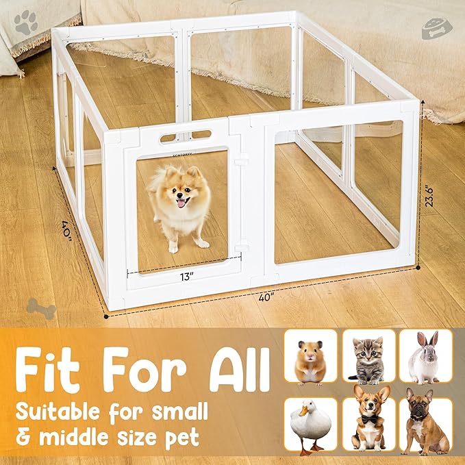 Transparent Indoor Dog Playpen with Safety Lock, Indoor Dog Fence for Small & Medium Pets | Secure, Stylish, Easy Clean Play Pen for Dogs & Pets with Scratch Resistant Panels (White, 8 Panel)