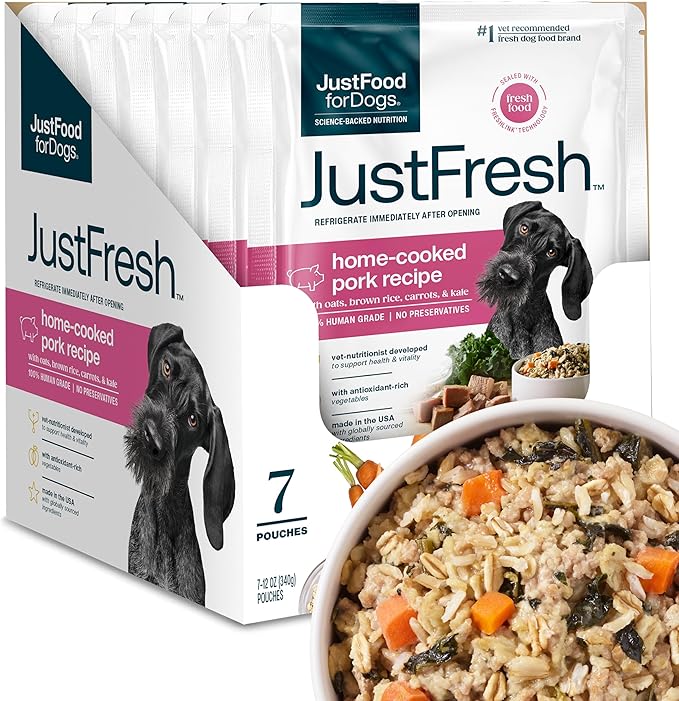 JustFoodForDogs JustFresh Wet Dog Food, Fresh Pet Meals and Toppers with No Preservatives, Resealable Package, Human Grade, Home-Cooked Pork, 12 oz - 7 Pack