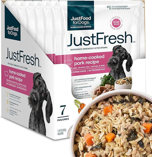 JustFoodForDogs JustFresh Wet Dog Food, Fresh Pet Meals and Toppers with No Preservatives, Resealable Package, Human Grade, Home-Cooked Pork, 12 oz - 7 Pack