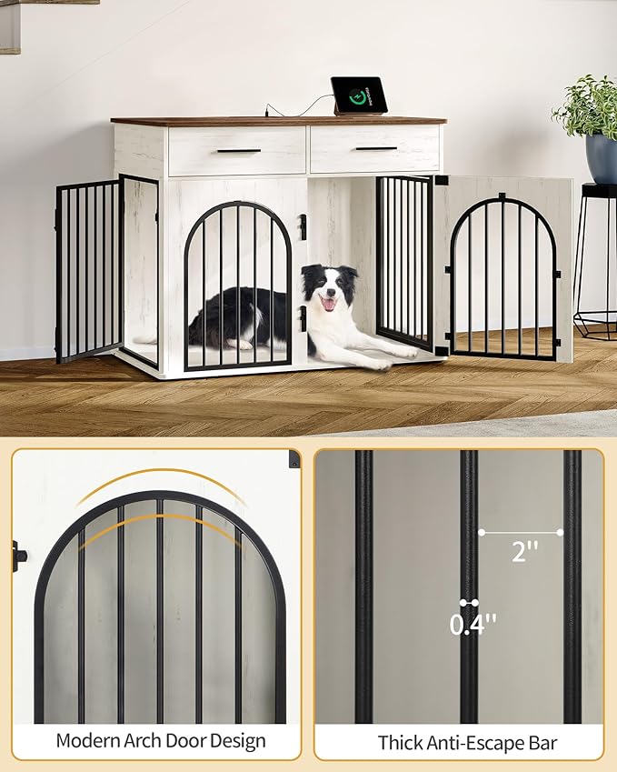 39.4'' Large Dog Crate Furniture with 2 Storage Drawers, Heavy Duty Dog Kennel Indoor with Charging Station, Wooden Dog Cage End Table Kennel for Medium/Large Dogs, White Brown DFC84214B