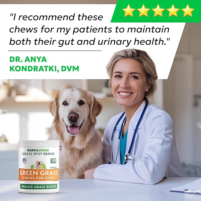 BARK&SPARK Green Grass Chews - Dog Pee Grass Spot Saver Caused by Dog Urine - Urine Neutralizer for Lawn, Gut Health Probiotics & Enzymes, Lawn Burn from Pee, Grass Burn Spot Chews Rocks
