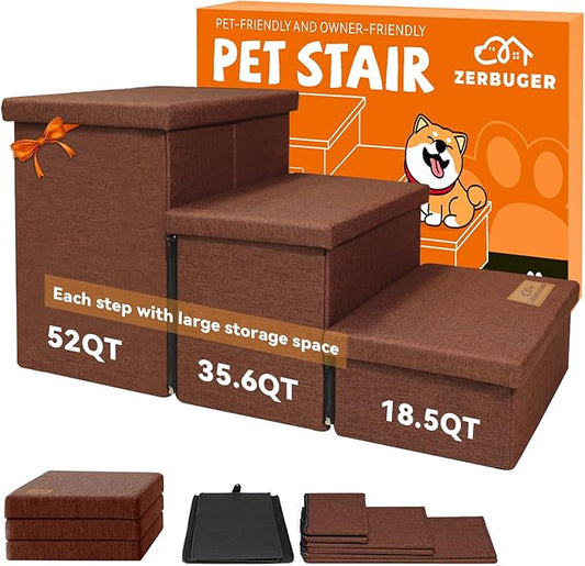 Dog Stairs with Storage 18" H, 3-Step Wider Dog Steps for Small/Medium/Large Old Dogs Cats, Folding Sturdy Pet Stairs Climbing Bed Couch, Ramp for Car Hold Up to 200 lbs (Brown, No Condo)