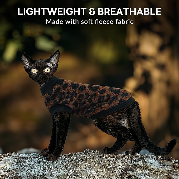 PUMYPOREITY Winter Warm Cat Sweater - Super Soft & Elastic Knit with Plush Fleece, Easy-On Design with Ribbed Neck & Cuffs, Stretchy Cat Outfit for Indoor/Outdoor Use,Brown, S