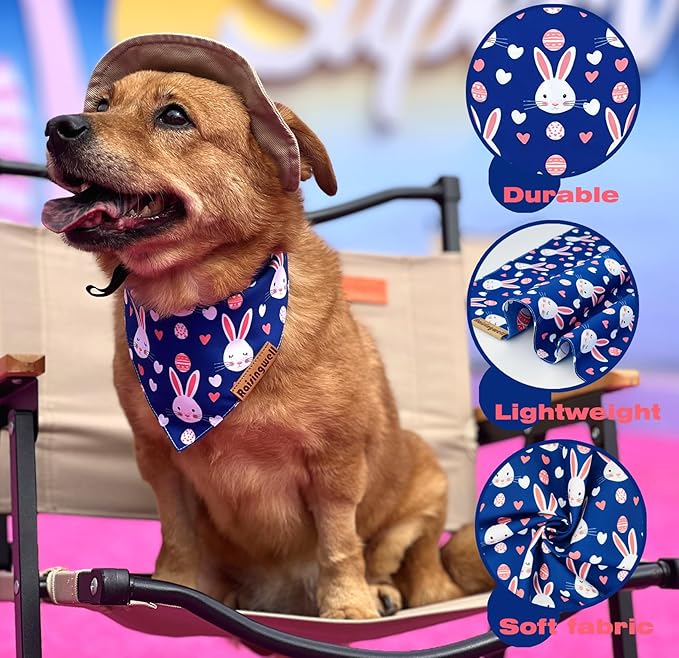 Easter Dog Bandanas 2 Pack, 4 Pattern Reversible Holiday Bandana for Boy and Girl, Premium Durable Fabric, Spring Triangle Scarf for Medium to X Large Breed Dogs (X-Large)