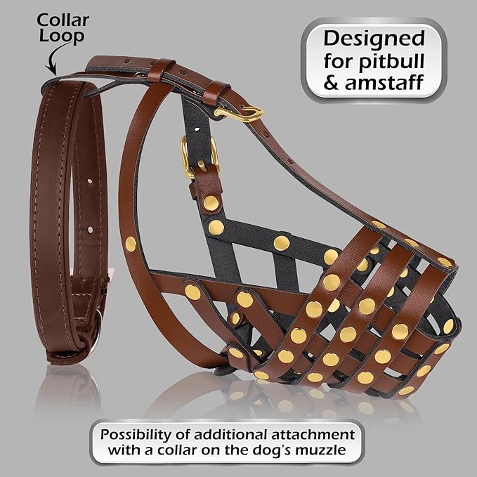 OOPSDOGGY Pitbull Dog Muzzle for Large Dogs - Leather Breathable Secure Basket Muzzle for Medium Large Breeds Prevents Biting No Chewing Amstaff Staffordshire Terrier (Brown, Size 4 - Pitbull)