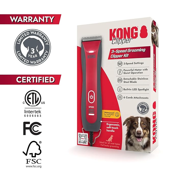 KONG 3-Speed Dog Clipper Grooming Kit – Stainless Steel Blade, Waterproof, LED Spotlight, 6 Guide Combs, 10-Foot Cord, Ergonomic Handle – Red/Gray, All Coat Types