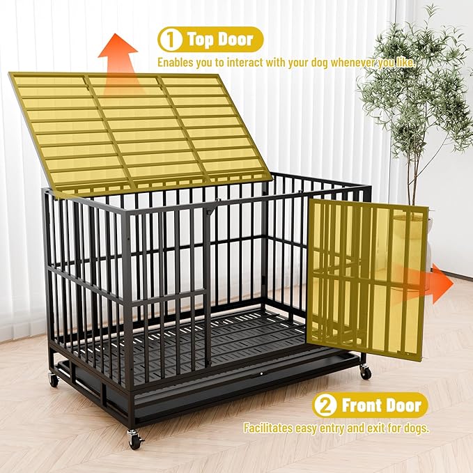 Escape-Proof Heavy Duty 42" Dog Crate, Indestructible Steel Kennel for Large & High-Anxiety Dogs with 300Lbs Capacity, Double Door Design with 4 Locking Wheels and Reinforced Baseplate.