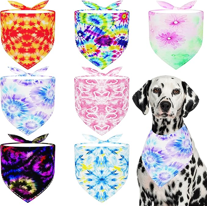 7 PCS Tie Dye Dog Bandanas for Large Dogs Breed Sewing Hemming Dog Bandana Print One Side XL Drool Bibs Party Grooming L