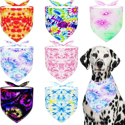 7 PCS Tie Dye Dog Bandanas for Large Dogs Breed Sewing Hemming Dog Bandana Print One Side XL Drool Bibs Party Grooming L