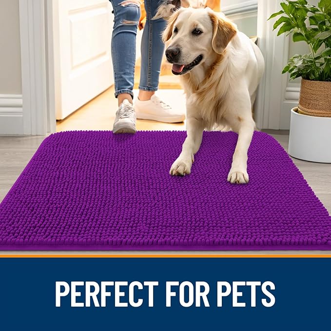 OLANLY Dog Door Mat for Muddy Paws 40x32, Absorbs Moisture and Dirt, Absorbent Non-Slip Washable Doormat, Quick Dry Chenille Mud Mat for Dogs, Entry Indoor Entryway Carpet for Inside Floor, Purple