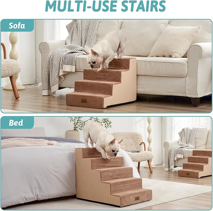 Dog Stairs for Small Dogs, 5 Tier Wider Pet Stairs for High Beds, 23.6" H Non-Slip Dog Steps for Old Cats, Puppies, Small Medium Dogs, 19.7x29.5x23.6 inch, Light Brown