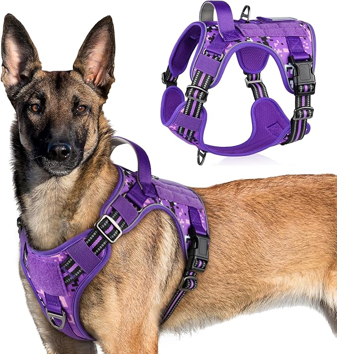 rabbitgoo Tactical Dog Harness for Large Dogs, No Pull Military Service Vest with Handle & Molle, Easy Control for Training Walking, Adjustable Reflective Straps, Purple Camo, XL
