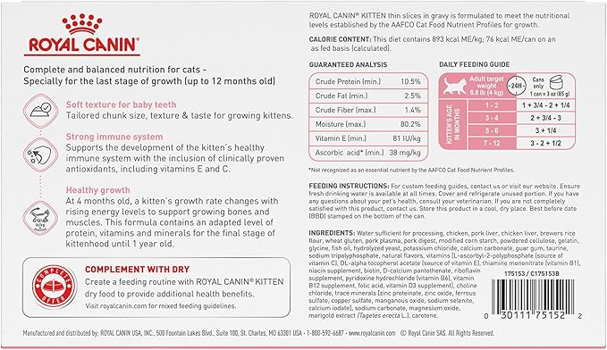 Royal Canin Feline Health Nutrition Kitten Thin Slices in Gravy Cat Food, 3 oz (Pack of 18)