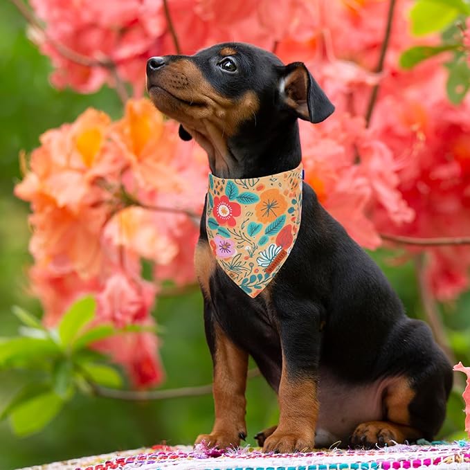 ADOGGYGO Floral Dog Bandana, Orange Green Flower Pet Scarf, Adjustable Fit Floral Bandanas for Small Dogs Pets (Small)