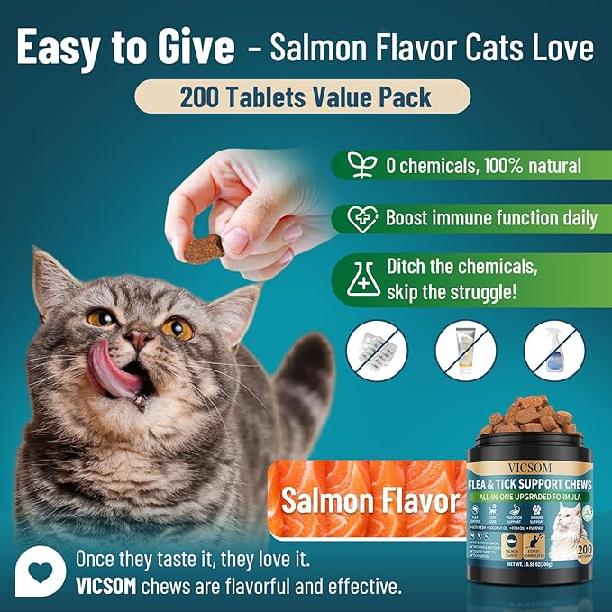 Flea and Tick Prevention for Cats Chewable, 200 Treats Natural Cat Flea Treatment, Skin & Digestive Support Oral Supplement Chew Flea and Tick Treatment for Cat Kitten All Breeds & Ages, Salmon Flavor