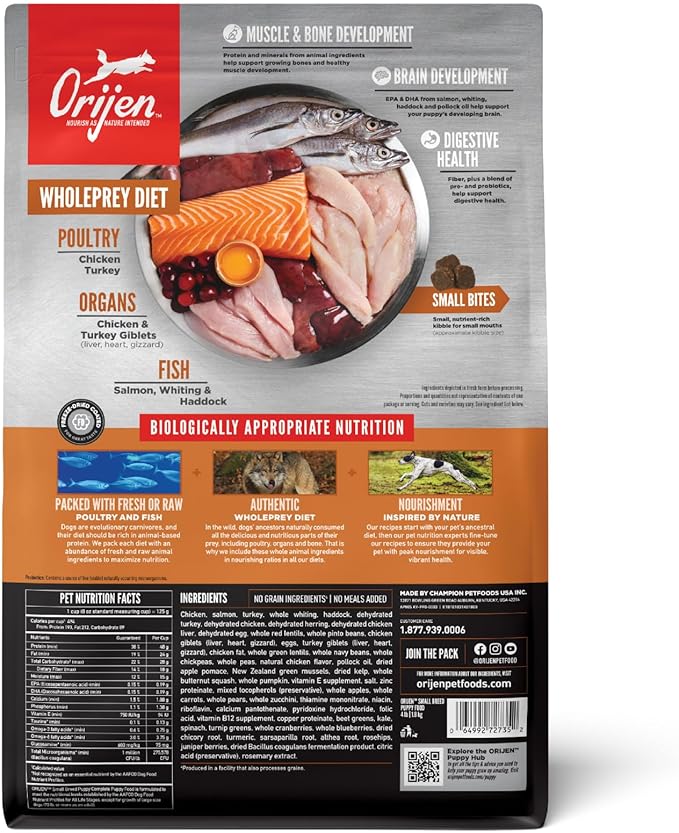ORIJEN Grain Free High Protein Dry Dog Food Small Breed Puppy Recipe 4lb Bag