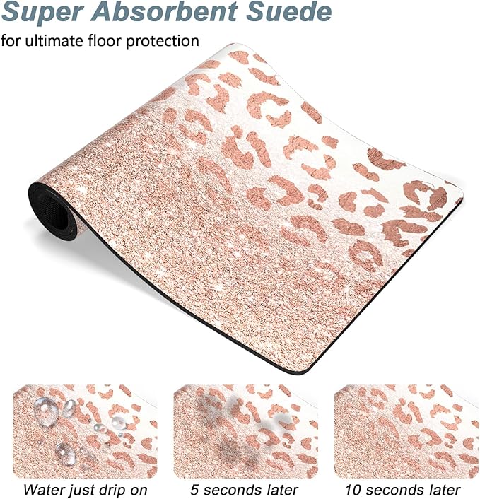 Rnivvi Dog Food Mat, 12" x 19" Leopard Absorbent Dog Cat Bowl Mat for Food and Water, Cute Anti-Slip Rubber Pet Feeding Rug Protect Floors, Puppy Placemat for Feeding & Watering Supplies, Rose