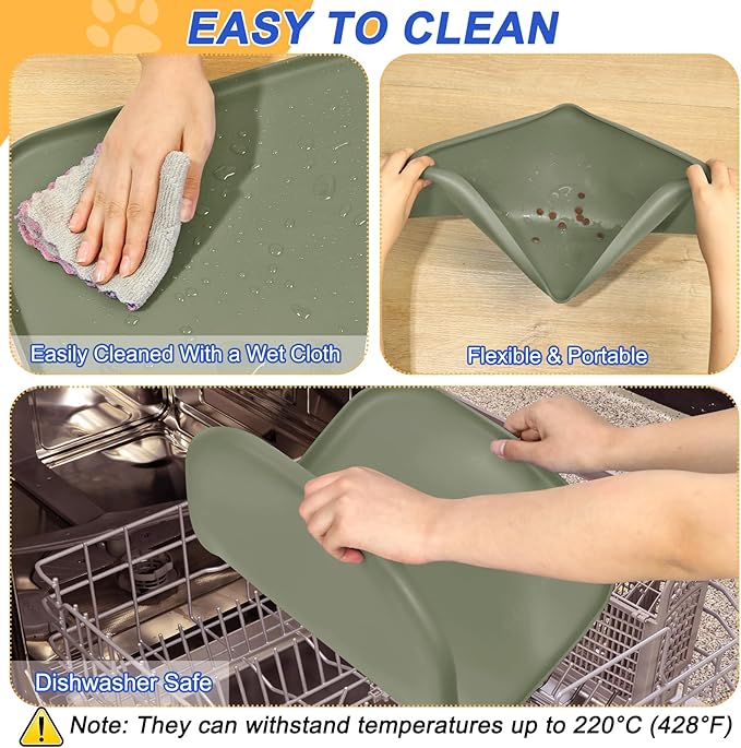 Silicone Pet Feeding Mat with Raised Edge for Food and Water, Dog Bowl Mats, Cat Bowls Placemat with High Lip for Floor Waterproof, Rubber Tray for Cats and Dogs 22 x 14 x0.8 Light Olive Green