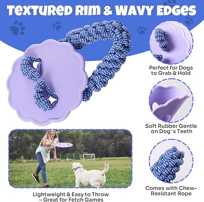Interactive Dog Frisbee Rope Toy – Tough 2-in-1 Flying Disc & Rope Chew Toy for Medium/Large Dogs, Outdoor Training & Fetching, Purple & Blue