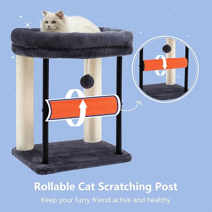 Hey-brother Cat Tree, Cat Scratching Posts with Bed, Sturdy Tower with Fully Sisal-Wrapped Columns and Plush Toy Ball for Indoor Kittens, 18.9 inches, Smoky Gray MPJ010SG