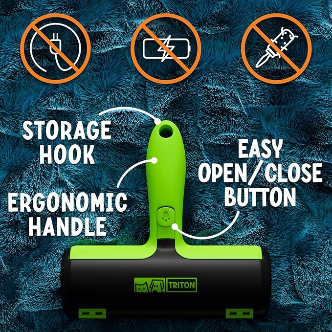 Triton Pet Hair Remover w/Fur Trapping Compartment - Easy to Use Pet Hair Removal Tool - Detachable Handle Cat & Dog Hair Remover for Car, Furniture, Clothes, Couch - Reusable Lint Roller (Green)