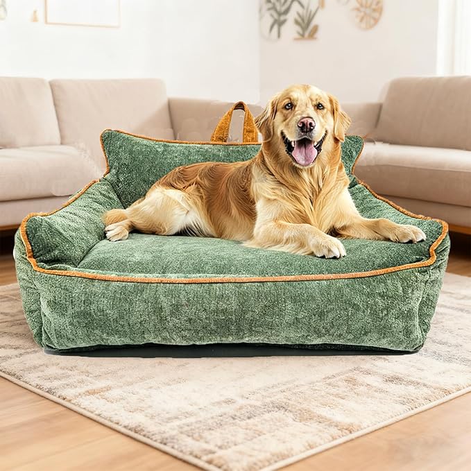 Large Orthopedic Dog Sofa Bed with Sides, Carry Handle & Side Pockets .Plush Chenille Orthopedic Pet Bed Couch for Large Dogs.Portable Snuggler for Indoor Use, Travel & Recovery (Green)