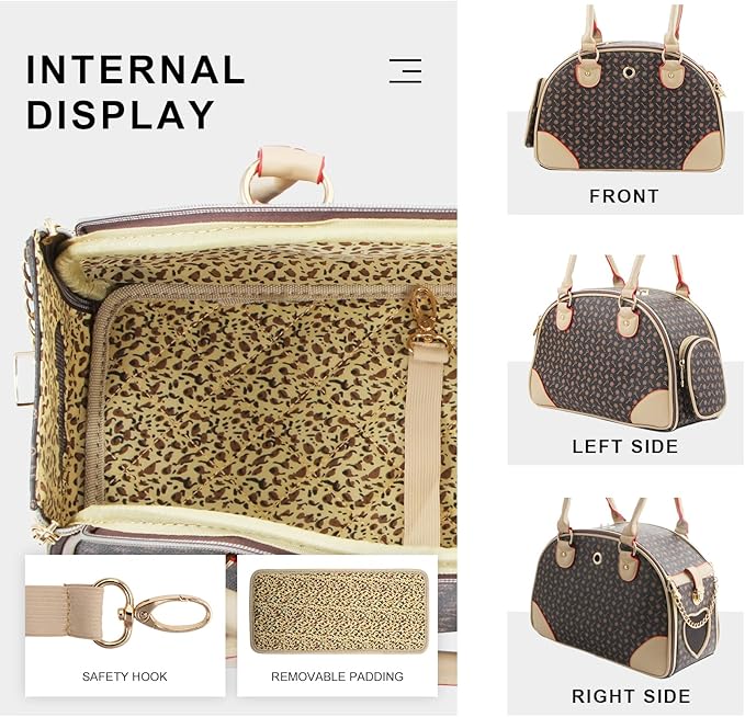 Fashion Dog Carrier PU Leather Dog Handbag Dog Purse Cat Tote Bag Pet Cat Dog Hiking Bag, Brown, Small 38 * 23 * 17cm