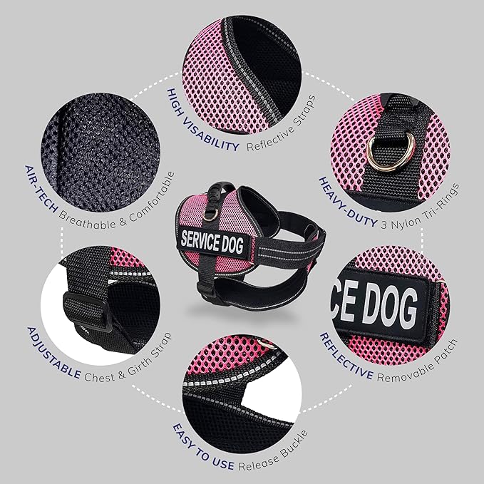 ActiveDogs Full Service Dog Kit - Medium Pink - Service Vest Harness with Handle, ID Holder, ADA Cards, Medical Alert Keychain, Leash & Patches