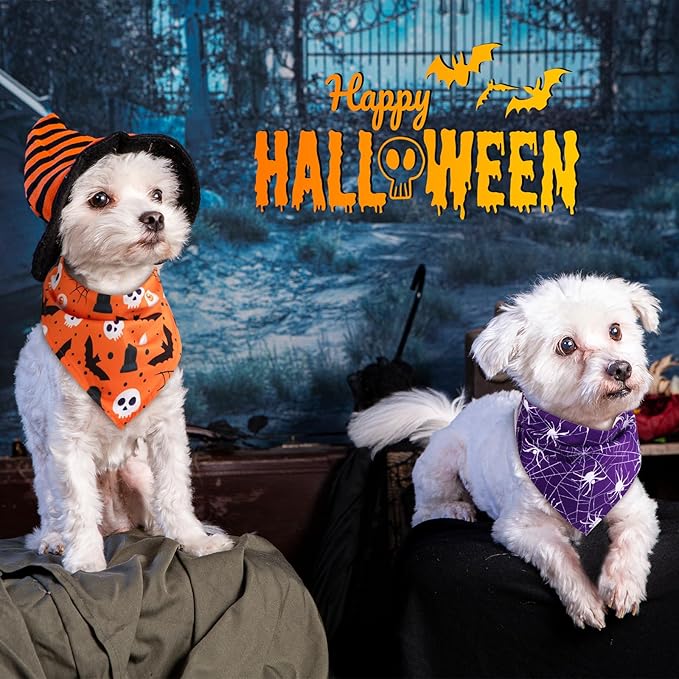 Sanwuta 100 Pcs Halloween Dog Bandanas Bulk Pumpkin Bat Spider Skull Pattern Dog Bandanas for Dogs Triangle Bibs Scarf for Small Medium Large Pet Christmas Costume Accessories(Large)
