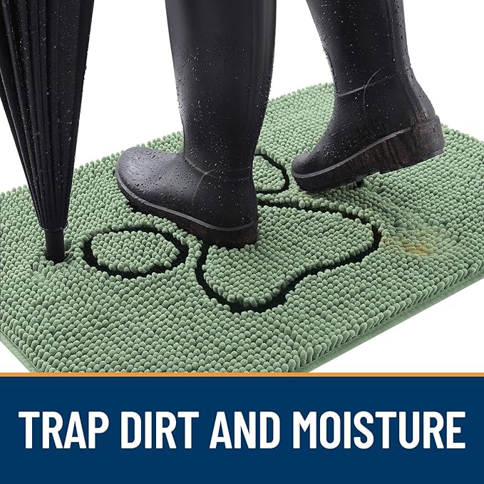 OLANLY Dog Door Mat for Muddy Paws 30x20, Paw Print Design, Absorbs Moisture and Dirt, Non-Slip Washable Doormat, Quick Dry Chenille Mud Mat, Entry Indoor Entryway Carpet, Olive Green and Black