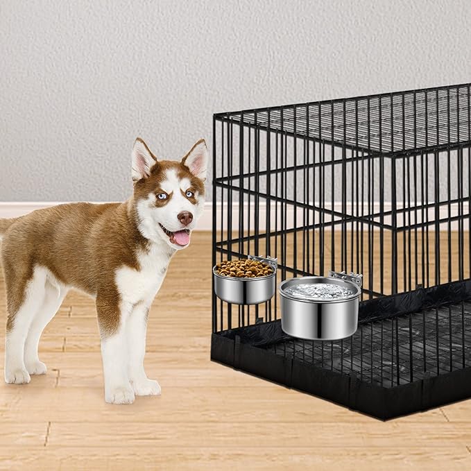 Stainless Steel Dog Bowls, ShineMe 40oz & 60oz No Spill Dog Crate Water and Food Bowls with Hanging Hook for Kennel, Cage and More, 7.0 x 3.7” & 6.2 x 2.5” Feeder Dish for Large and Medium Dogs