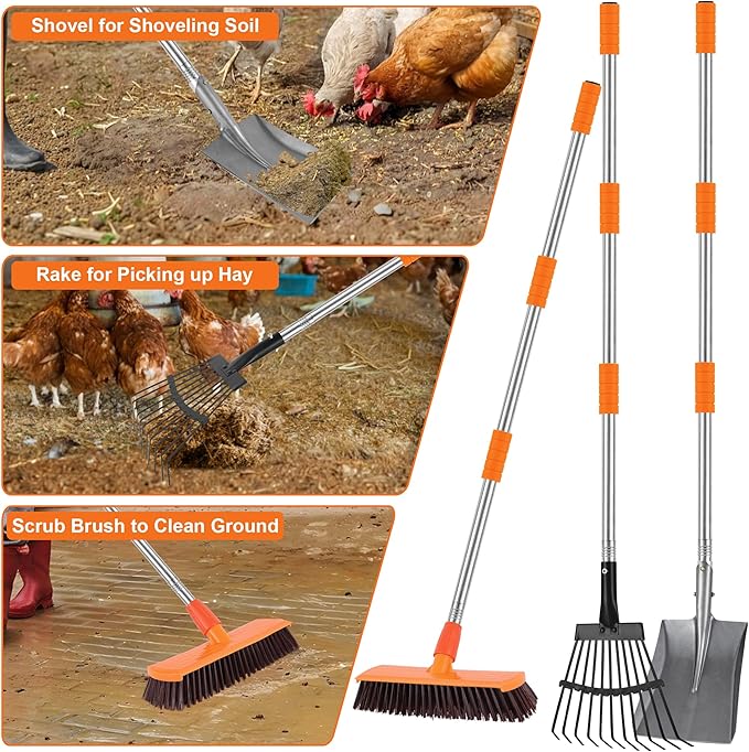 Chicken Poop Scooper Shovel Rake Scrub Brush for Chicken Coop Supplies Accessories for Cleaning