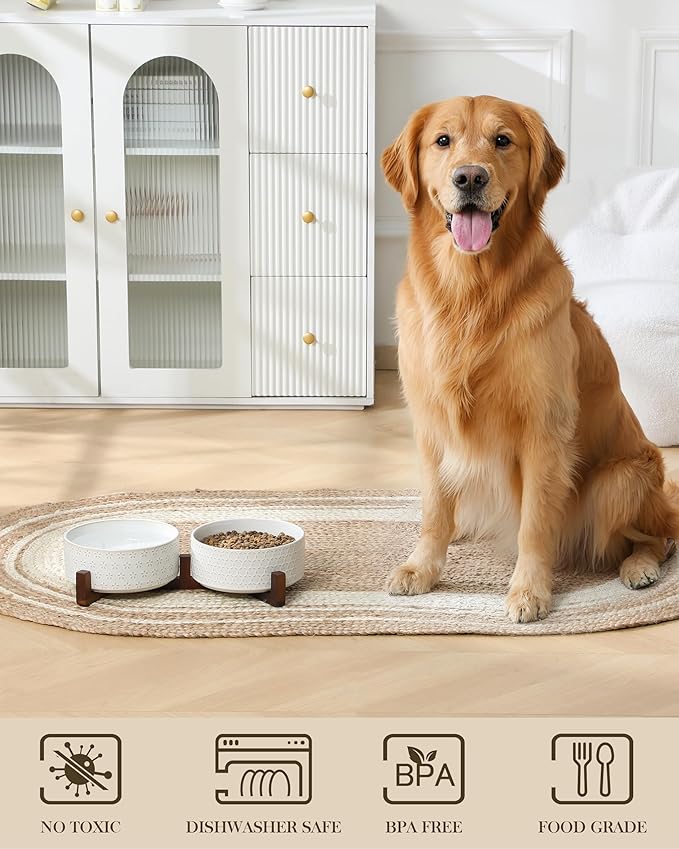 MALACASA Dog Bowl Set with Walnut Wood Stand, 6 Cups Ceramic Pet Bowls for Puppy Dogs, Dual Food and Water Bowls with Non-Slip Base, Basic Bowls for Your Dog, Five-Leaf Grass & Honeycomb